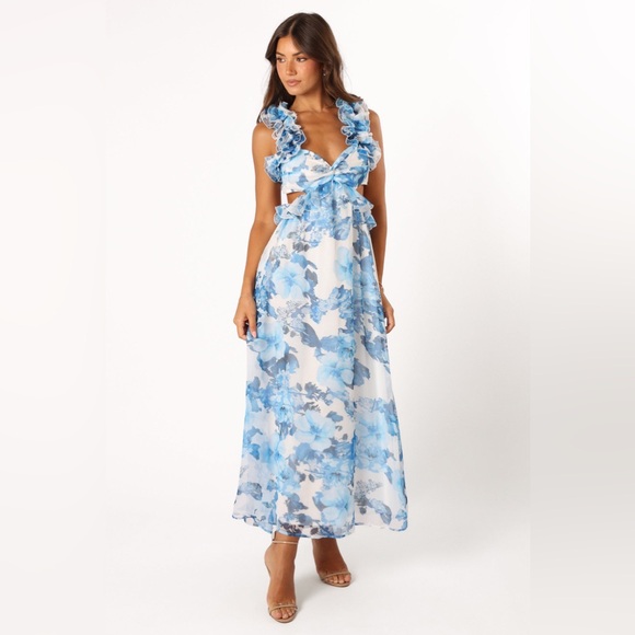 Petal & Pup Dresses & Skirts - Petal & Pup Lucah Frill Shoulder Maxi Dress Blue NWT
